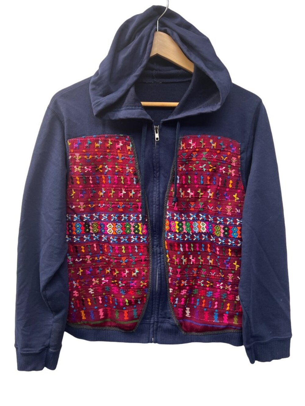 Guatemalan Red and Navy Alpaca Embroidered Full Zip Hoodie
